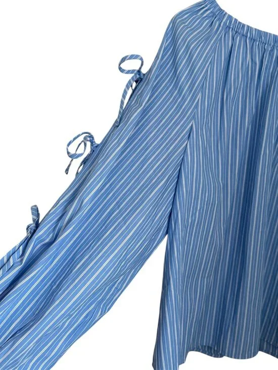 Off Shoulder Top XL Blue White Striped Ties Split Balloon Sleeve Beachy Coastal - Picture 3 of 8